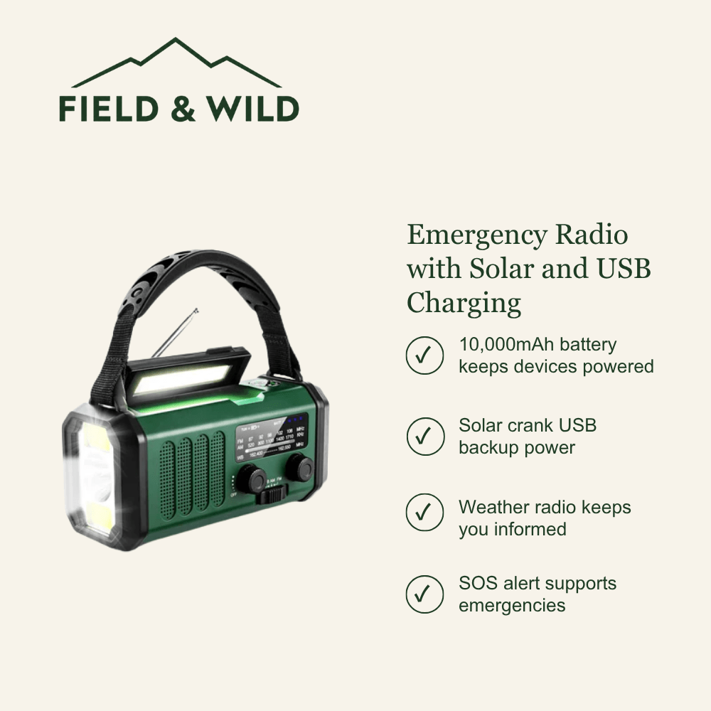 Emergency Radio with Solar USB Charging & 10000mAh Power Bank-Field & Wild