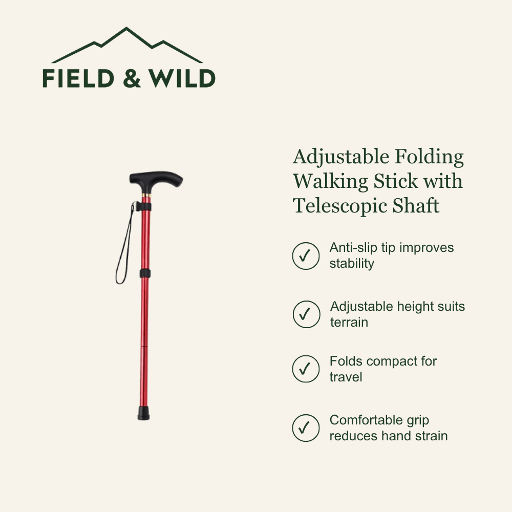 Adjustable Folding Walking Stick with Telescopic Aluminium Shaft-Field & Wild
