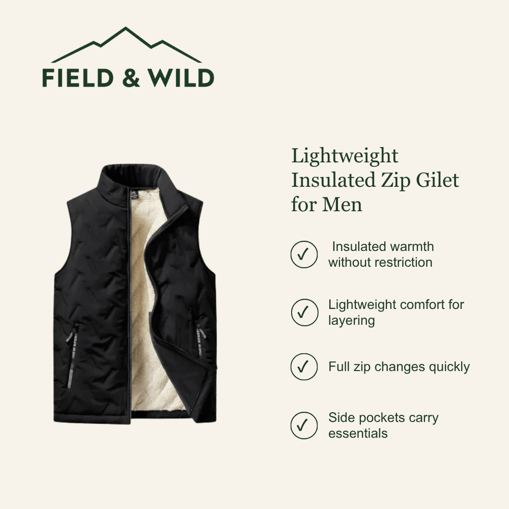 Men’s Lightweight Insulated Zip Gilet for Outdoor Layering-Field & Wild